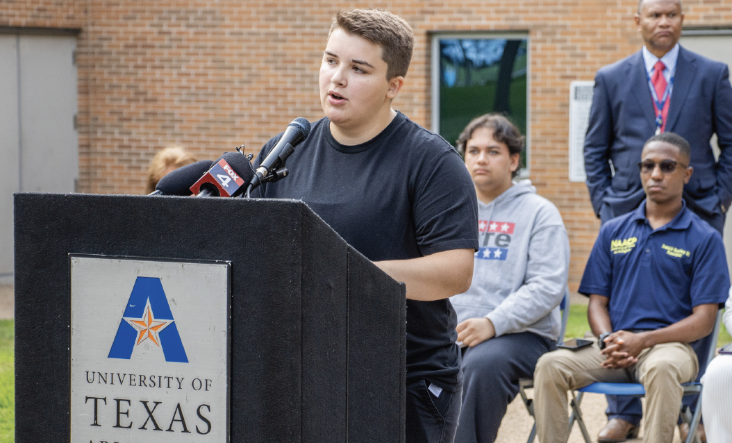 TCC NE student Emeri Callaway speaks at a press conference held on the UT Arlington’s campus about the Tarrant County Commissioner’s Court special meeting regarding the polling places.